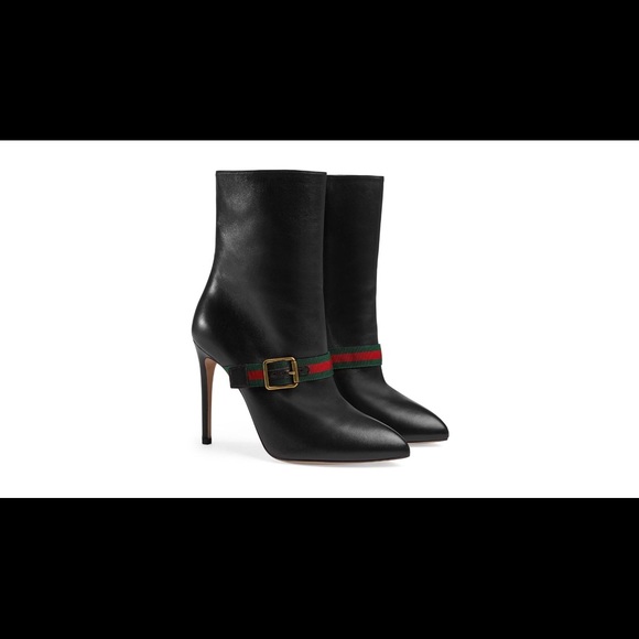 Gucci black SYLVIE web stripe leather ankle boots. - Picture 4 of 8